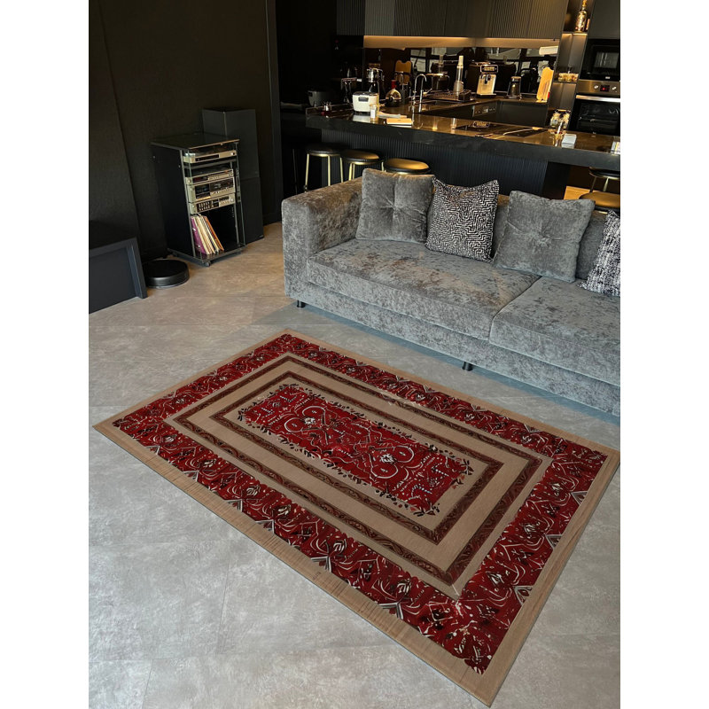 Tapis décoratif rouge et beige, Rectangle 3 pi 11,24 po x 5 pi 10,87 po