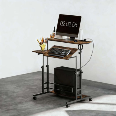 Bureau debout ajustable avec plateau inclinable, roulettes et tablette