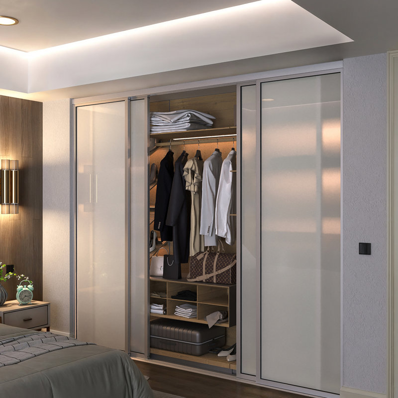 Armoire coulissante 4 panneaux en verre givré - Structure en aluminium avec technologie Silent Glide, Givré / argent