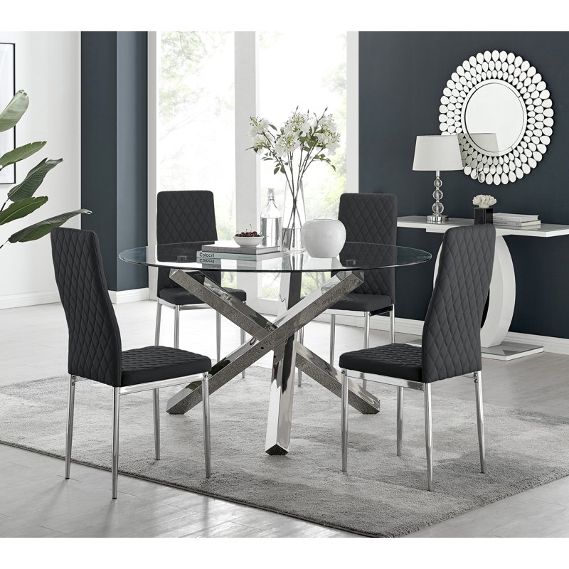 Vogo Modern Design Chrome and Glass Dining Table Set with 4 Quilted Faux Leather Dining Chairs, Black