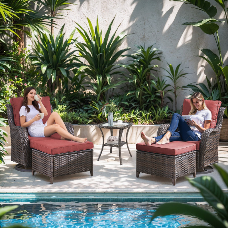 Abbey Outdoor Durable Wicker Ottomans With Olefin Cushions Durable & Weather-Resistant For Patios, Red, Brown