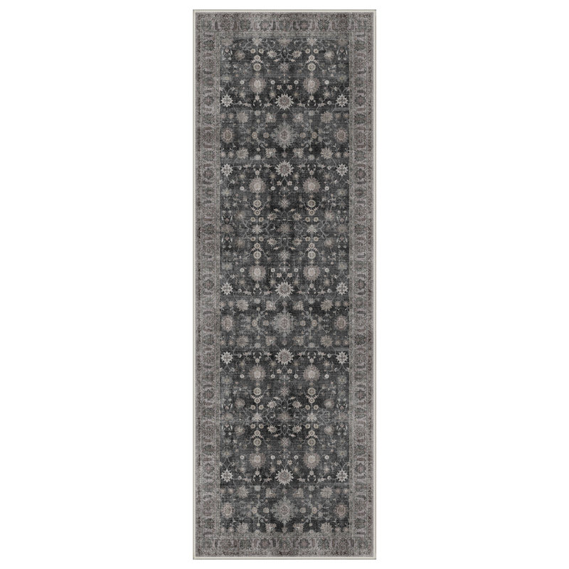  Agacha Roehit Vintage Distressed Medallion Machine Washable Grey / Black Indoor Area Rug with Non-Slip Backing