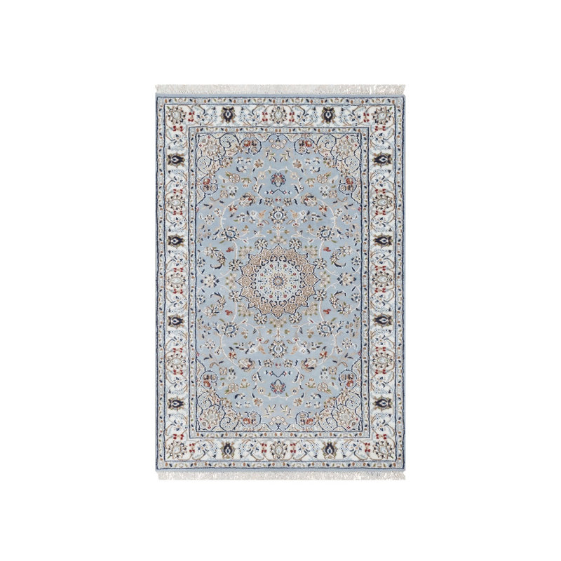 Tapis bleu noué à la main 3 pi 0 po x 5 pi 2 po, bleu Kran, 250 KPSI, laine et soie
