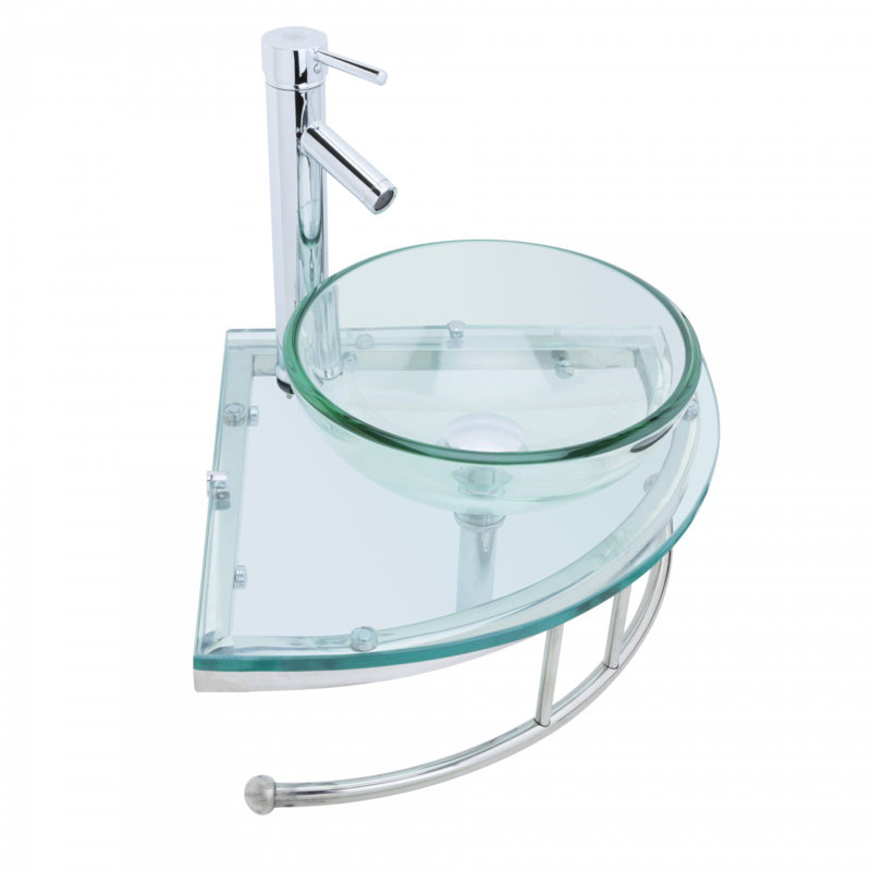 Round Corner Glass Wall Mount Bathroom Vessel Sink with Chrome Faucet Towel Bar
