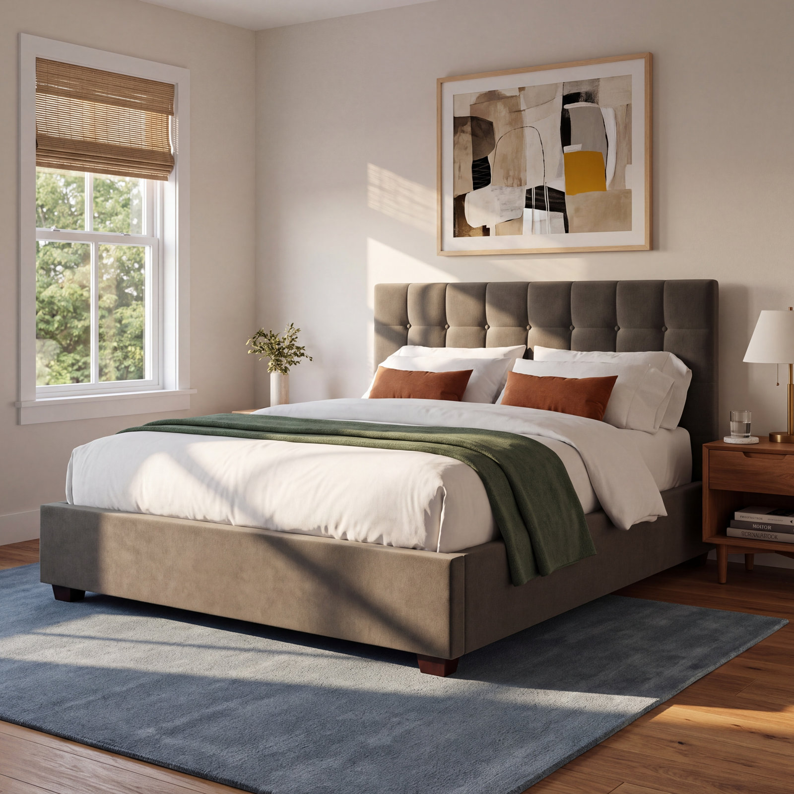 Avery Upholstered Panel Bed, Espresso/Dark Gray