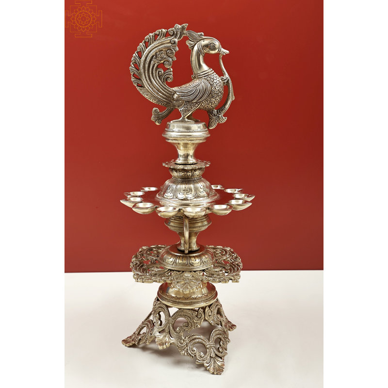 Handmade 20-Inch Embroidery Peacock Lamp with Thirteen Wicks – Brass Ritual Deepam, Filigree Vine Motif for Puja, Temple Decor, or Festive Centerpiece
