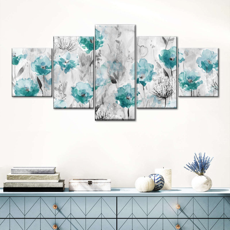 Ensemble de 5 fleurs abstraites sarcelle coquelicots sur toile, H 24 po x l 55 po x P 1,25 po