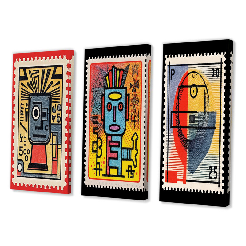 Retro Stamp Tribute To Keith I - Transitional Art Set Of 3 Pieces, Toile tendue, H 40 po x l 60 po