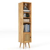 Slim Tall Rattan Storage Cabinet Boho Accent Bookshelf w/ Rattan Door 12-Position Adjustable Shelf