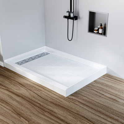 48x32 Inch Non-Slip Shower Pan White Single Threshold Base Left 304 Stainless Steel Square Drain Easy Install Prefab Bathroom Floor Kit