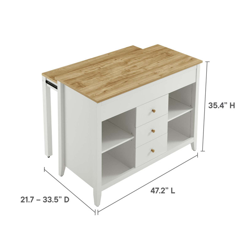 White and Natural Wood Grain Kitchen Island with Storage