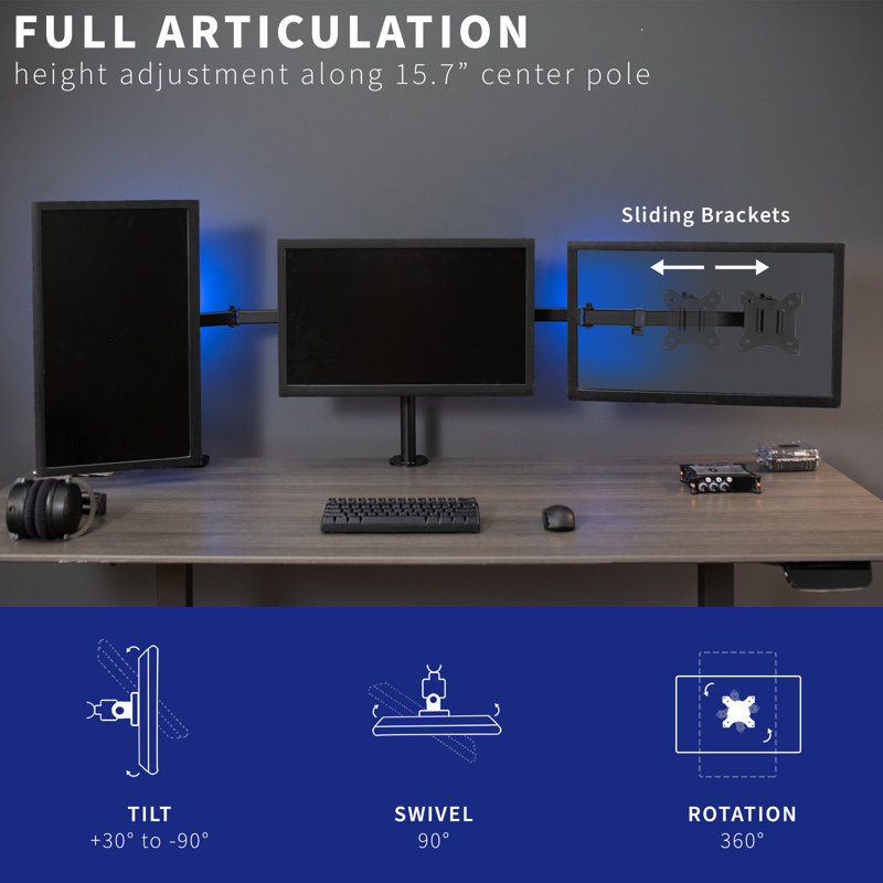 Black Steel Triple Monitor Desk Mount for 21.5 to 27 Inch Screens