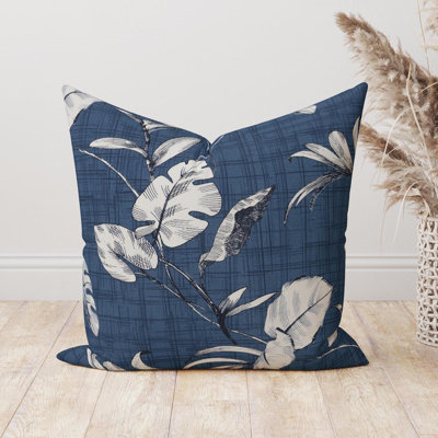 Dark Blue Palm Leaf Pillow Cover