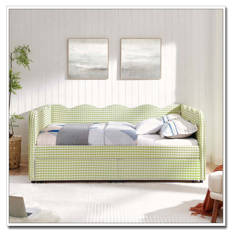 Lit de jour double, Tiroirs complets, Vert