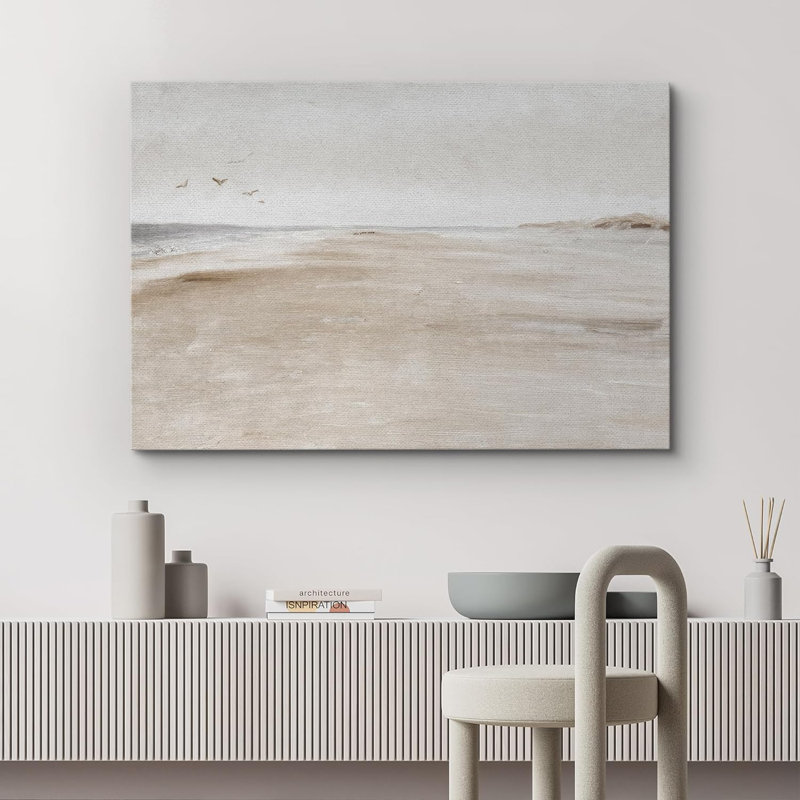 Minimal Landscape "Coastal Sandy Beach Seascape Artwork, Abstract Minimalist Neutral Decor Wall Pictures, Large Framed Canvas Giclee Print Wall Art"