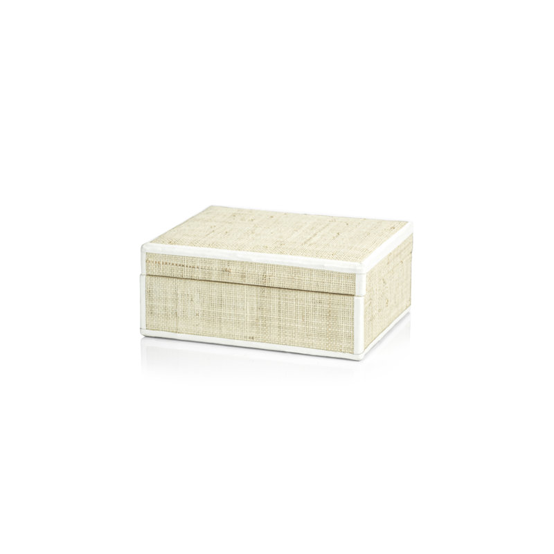 Boîte décorative en raphia et cuir faite à la main Hadaway, H 4 po x l 9 po x P 7 po, Blanc/naturel