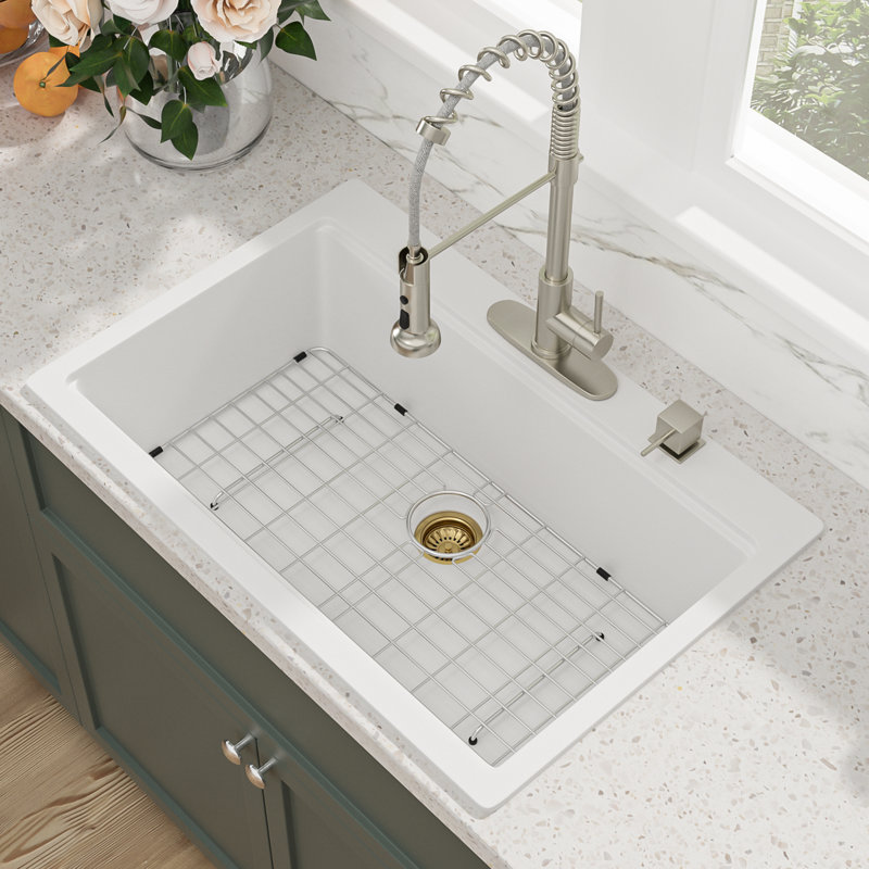 33" L x 22" W Granite Composite Drop-In Kitchen Sink Single Bowl Quartz Workstation Sink with Accessories, White