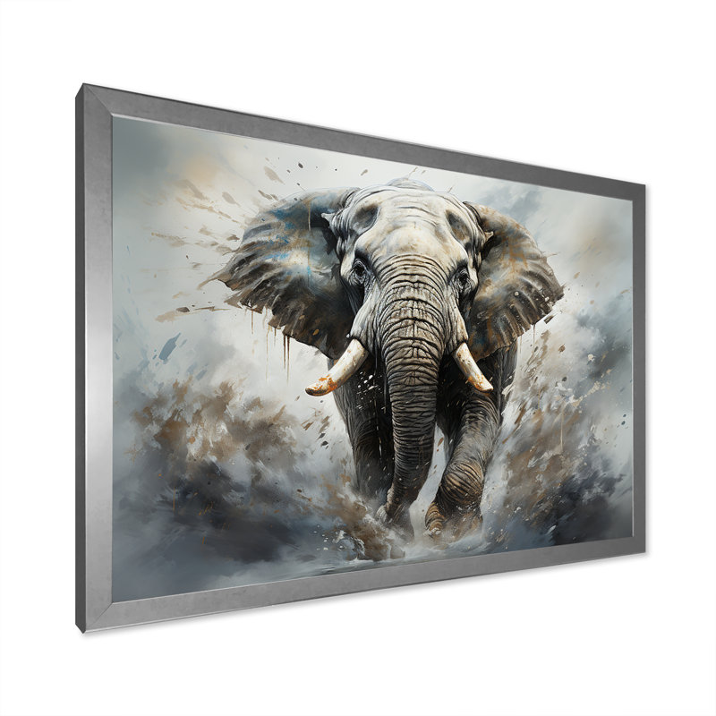 «Elephant Symphony Stampede», reproduction sur toile, Cadre simple argenté, H 34 po x l 44 po x P 1,5 po