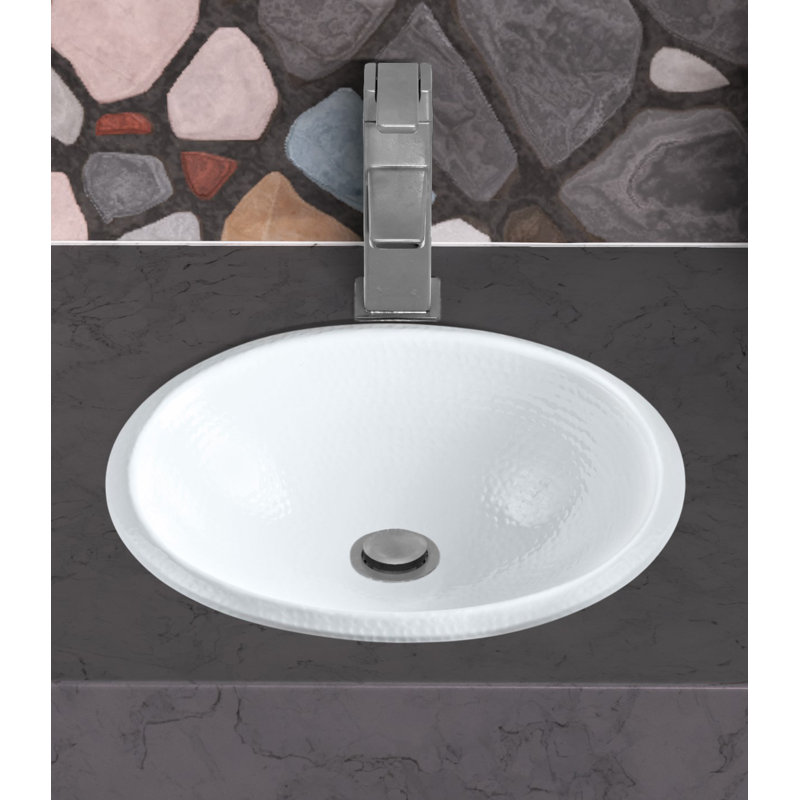 Évier de salle de bain ovale en aluminium martelé à la main en métal 17 po, Blanc classique