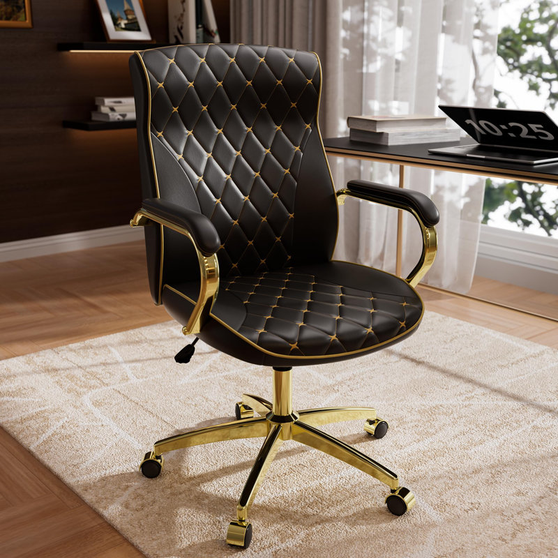 Strathcona Leather Office Chair with Wheels, Ergonomic Office Chair with Lumbar Support, Black