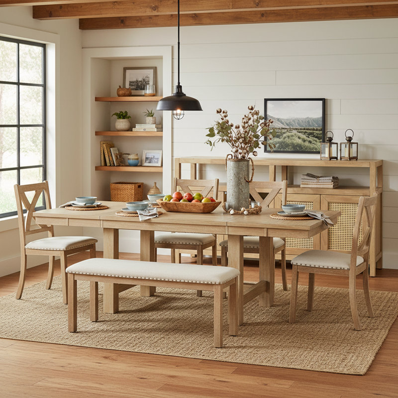 Ensemble de salle à manger extensible rustique 7 pièces avec chaises rembourrées, banc et buffet Boho