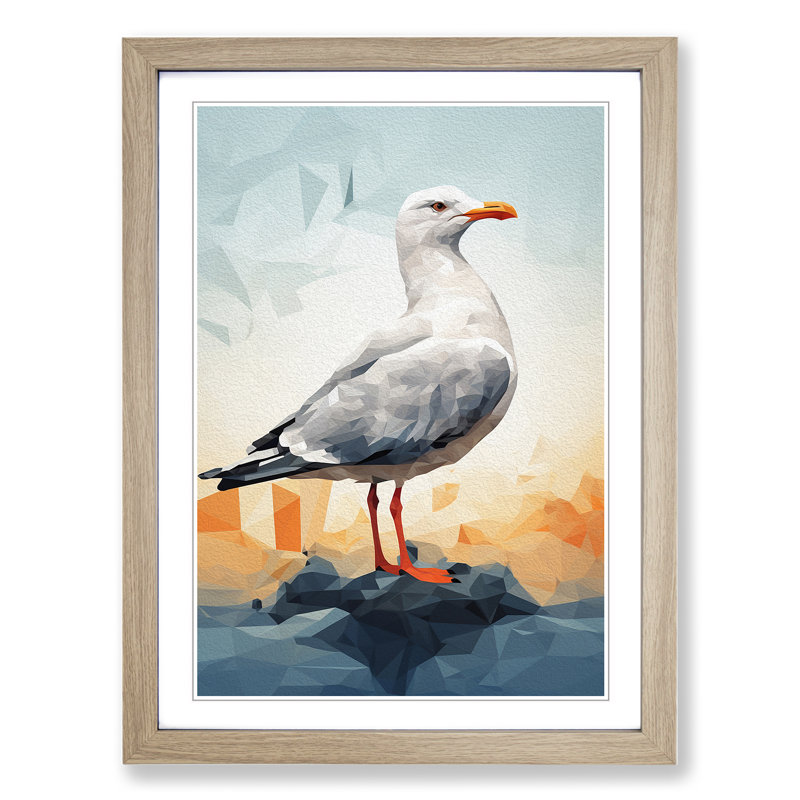 Seagull Geometric - Single Picture Frame Print on Wood, Oak, 34cm H x 25cm W x 2cm D