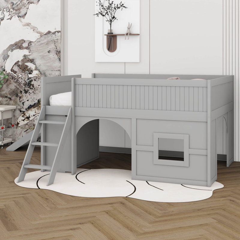 Full Size Low Loft Bed With Slide And Storage Shelves, Wood Castle House Bed With Slide, Ladder And Guardrails, Gray