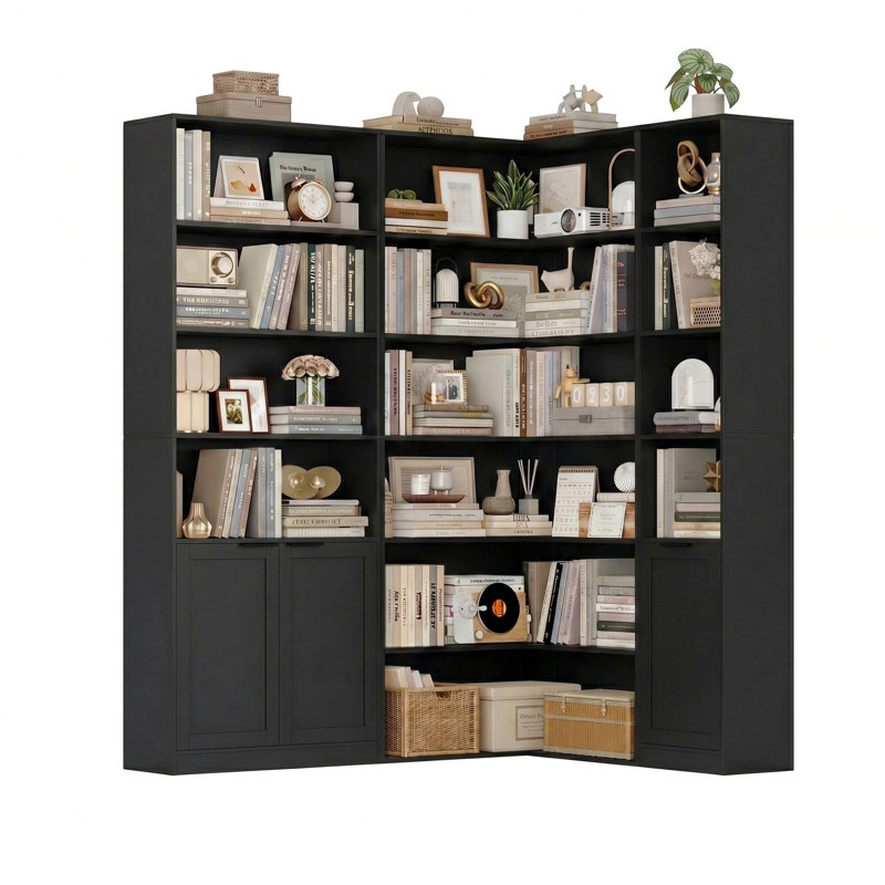 Ensemble de bibliothèque modulaire: tablette de rangement personnalisable 3-en-1 avec portes et unité de coin, conception peu encombrante