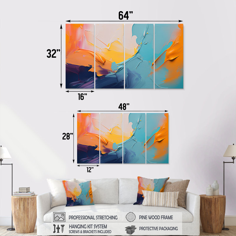 Blue And Orange Paint Expression I - Abstract Painting 4 Piece Wall Art Decor Set, 32" H x 64" W