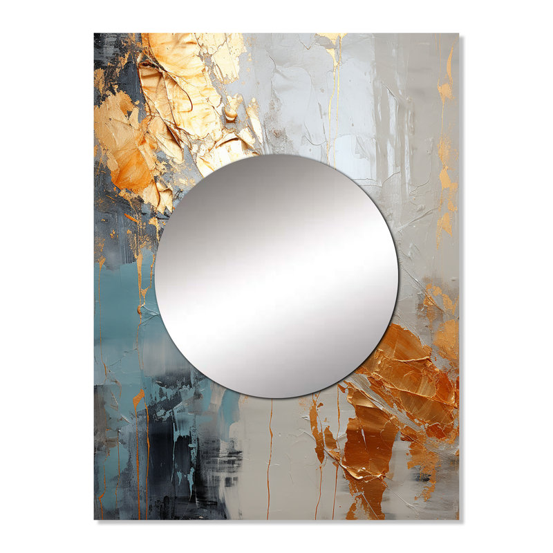 «Raymondsville», or et gris liquide moderne Shapes III - miroir décoratif de formes, miroir mural doré, impression d'art en métal