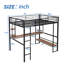 Lit mezzanine double en métal et panneau de fibres à densité moyenne avec long bureau et tablettes, noir