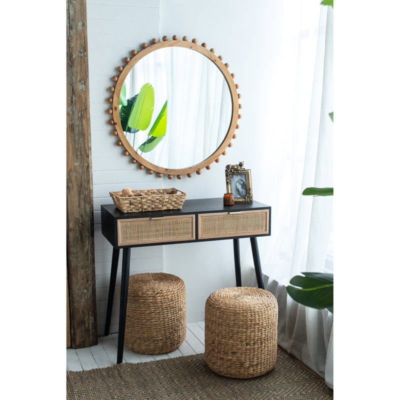 Miroir rond à cadre perlé pour salon, chambre à coucher, décor en bois et maison texturée