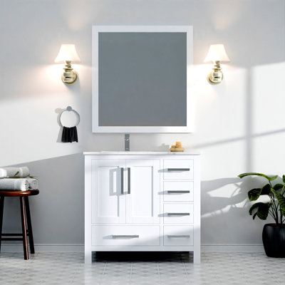 Bath Vanity 36 In. W X 22 In. D, Left Offset Carrara Marble Top, Faucet Set, And 34 In. Mirrors