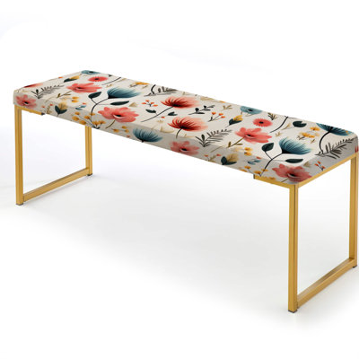 Nordic Grace Teal Floral Harmony - Floral Upholstered Gold Bench