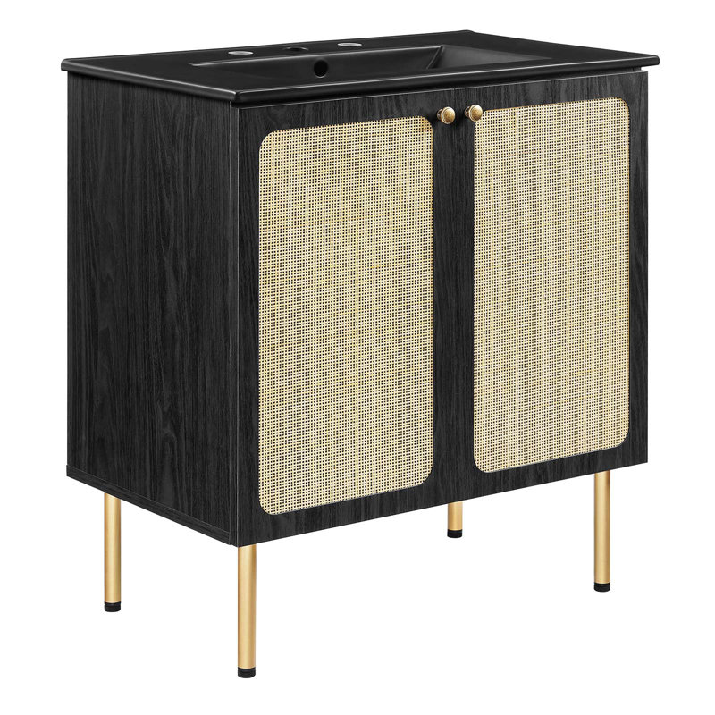 Modway Chaucer 30'' Single Bathroom Vanity with Wood Top, Black, Black/Gold