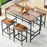 5 Piece Bar Table Set, Counter Height Tall Dining Table & Chairs, High Top Stools, With Adjustable Feet, Wood Top, Metal Legs