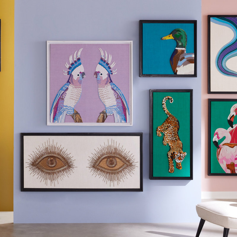 Hand-Beaded Parrots Wall Art in White Frame