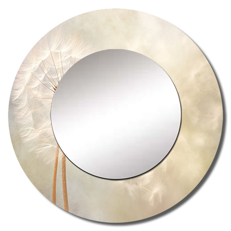 White Dandelion Romantic Impression IV - pissenlit unique miroir, grand miroir mural rond blanc, impression d'art en métal