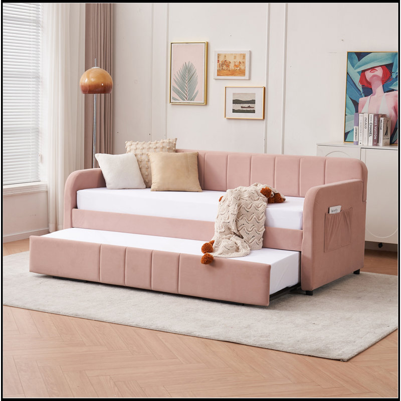 Structure de lit de jour rembourré avec lit gigogne, canapé-lit simple pour chambre d'amis, support à lattes de bois, Rose