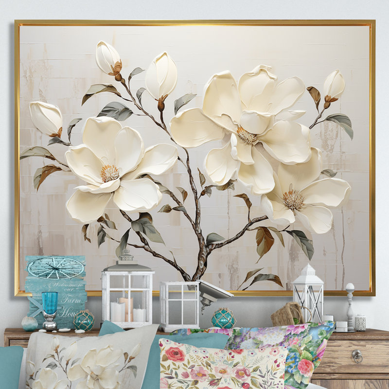 Fleur de magnolia beige et vert - art mural Magnolias, H 16 po x l 32 po x P 1 po, Cadre flottant doré