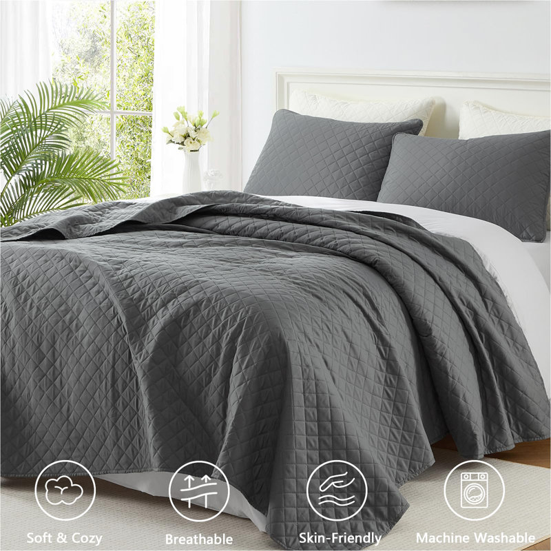Homelike Moment Twin Quilt Set, Lightweight Quilts, Soft Beige, Diamond Gray, Queen Quilt + 2 Standard Shams