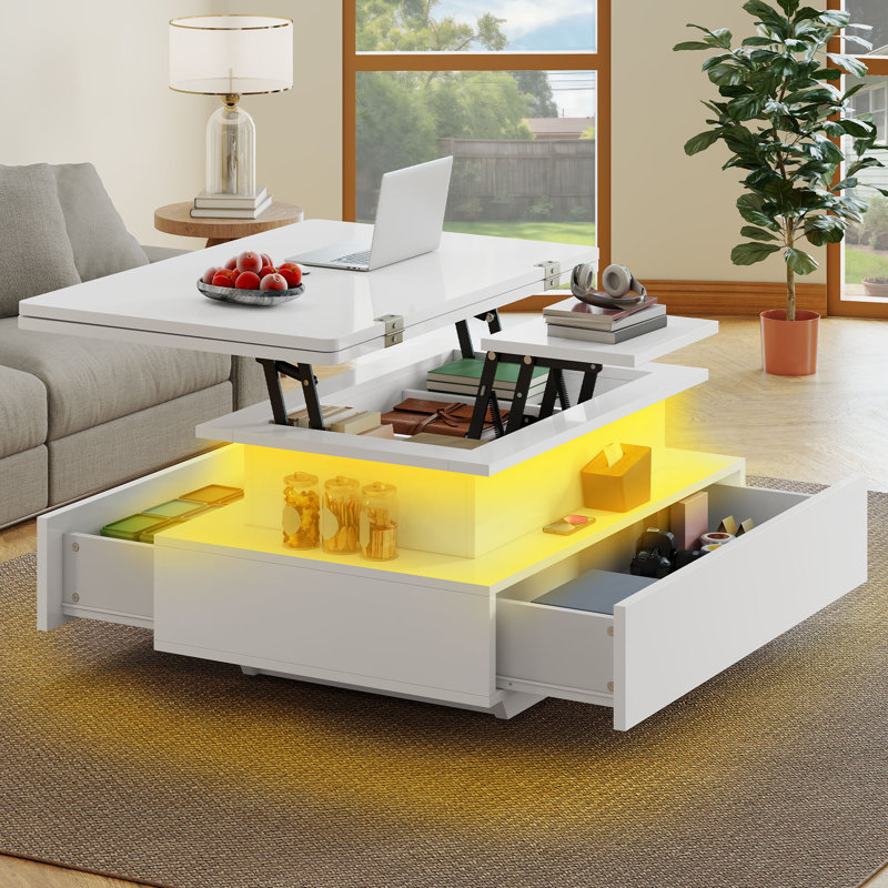 Lift Top Floor Shelf Coffee Table with Storage, White