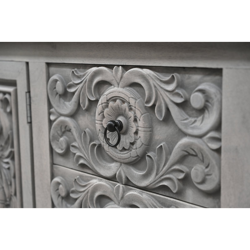 3-drawer 4-door Carved Solid Wood Sideboard, Gray