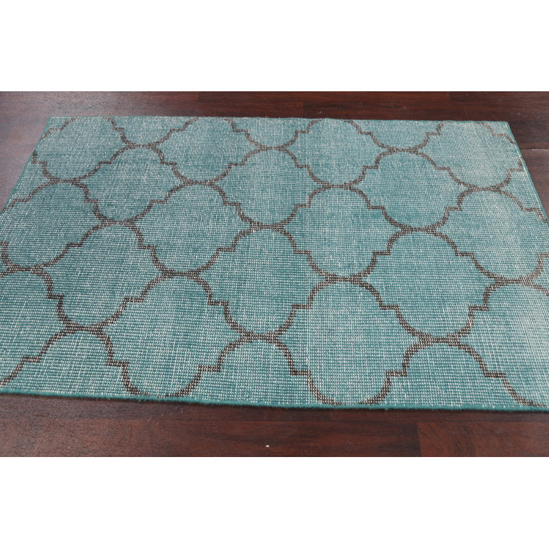 Tapis vert en laine noué à la main de conception unique 3 pi 7 po x 5 pi 8 po