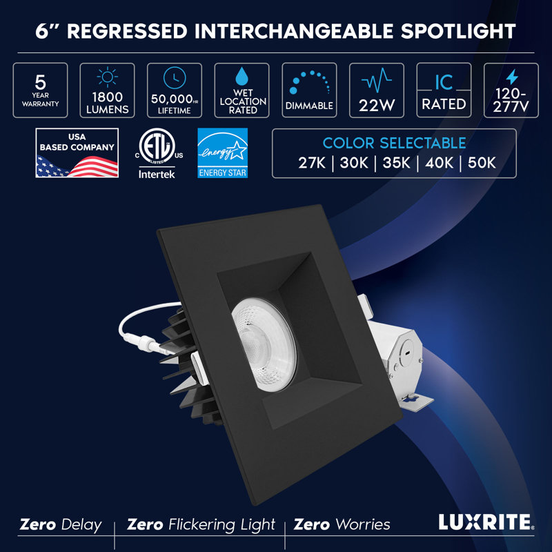 Luminaire encastré DEL Luxrite 6 pouces, régressé avec garniture carrée noire, 22W, 1800LM, 5CCT, faisceau 38 °, intensité variable, Twist-N-Lock, CRI90, ETL