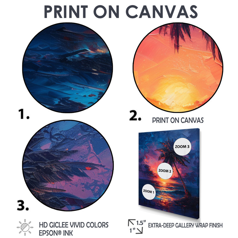 «Pink Palm Trees Sunset Silhouette - Palmiers et palmiers», impression d'art mural, H 30 po x l 40 po, Toile tendue