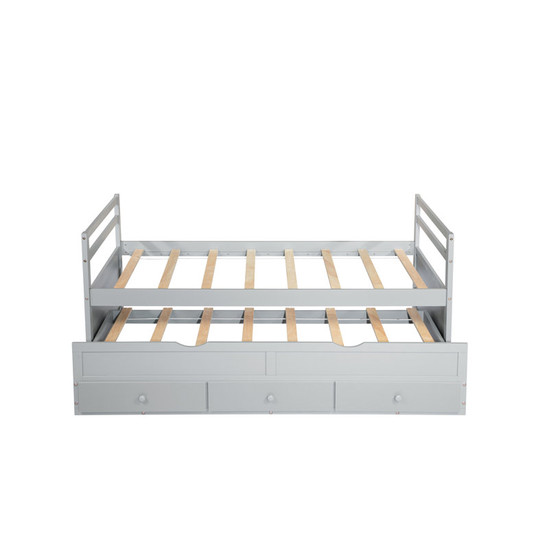 Twin Bed In Grey With Attractive Design Headboard, , Trundle And Storage Drawers Size Grey, Comfortable & Space, Gray