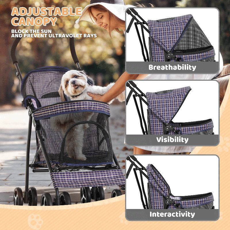 Plaid Steel Frame Foldable Pet Stroller with Rubber Wheels