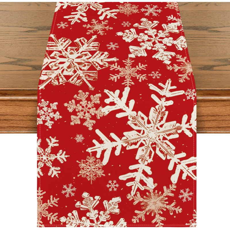 Snowflakes Christmas Table Runner, Seasonal Winter Holiday Kitchen Dining Table Decoration For Home Party Decor, Red