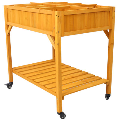 8 Pocket Raised Wood Planter For A Outdoor Space: Mobile With Lockable Wheels, Storage Shelf And Proper Drainage Setup Garden Bed: Adequate
